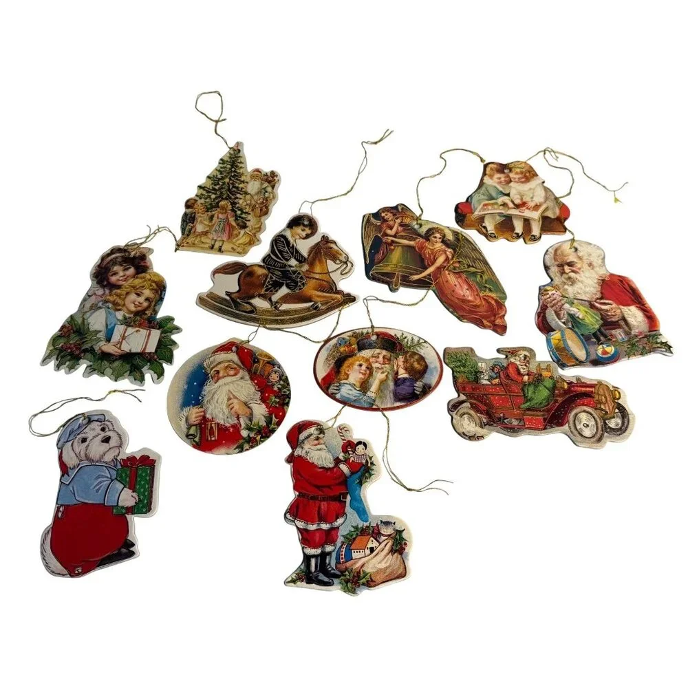 VTG Die-Cut Christmas Paper Ornaments Lot Santa Children Rocking Horse 3.5 Decor